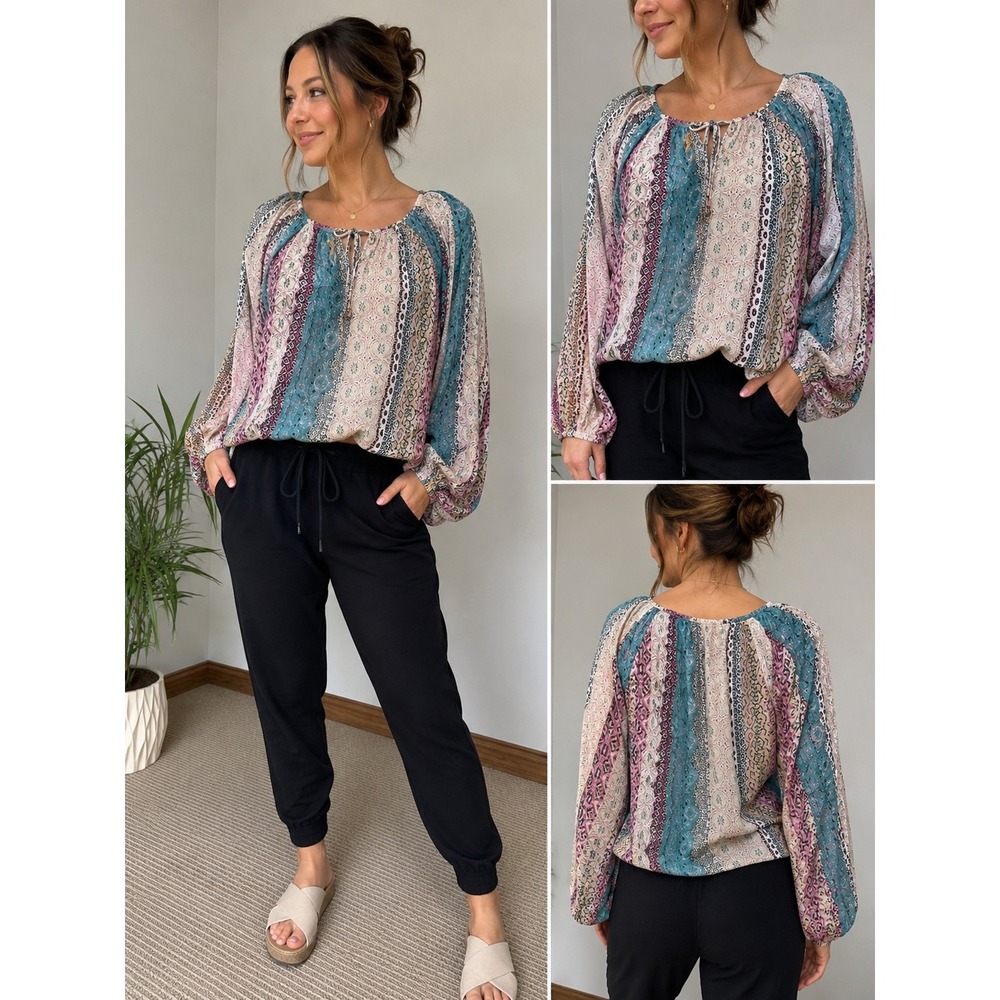 LoveStitch Women's Size L Boho Peasant Top Metallic Stripe Floral Balloon Sleeve